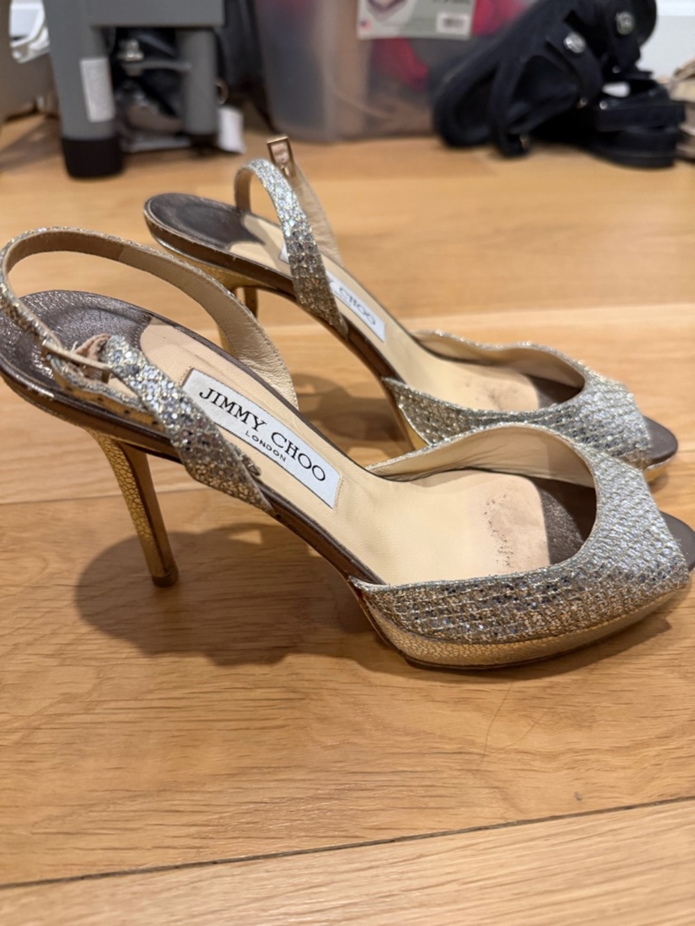 Jimmy Choo Gold Glitter Peep-Toe Slingback Heels